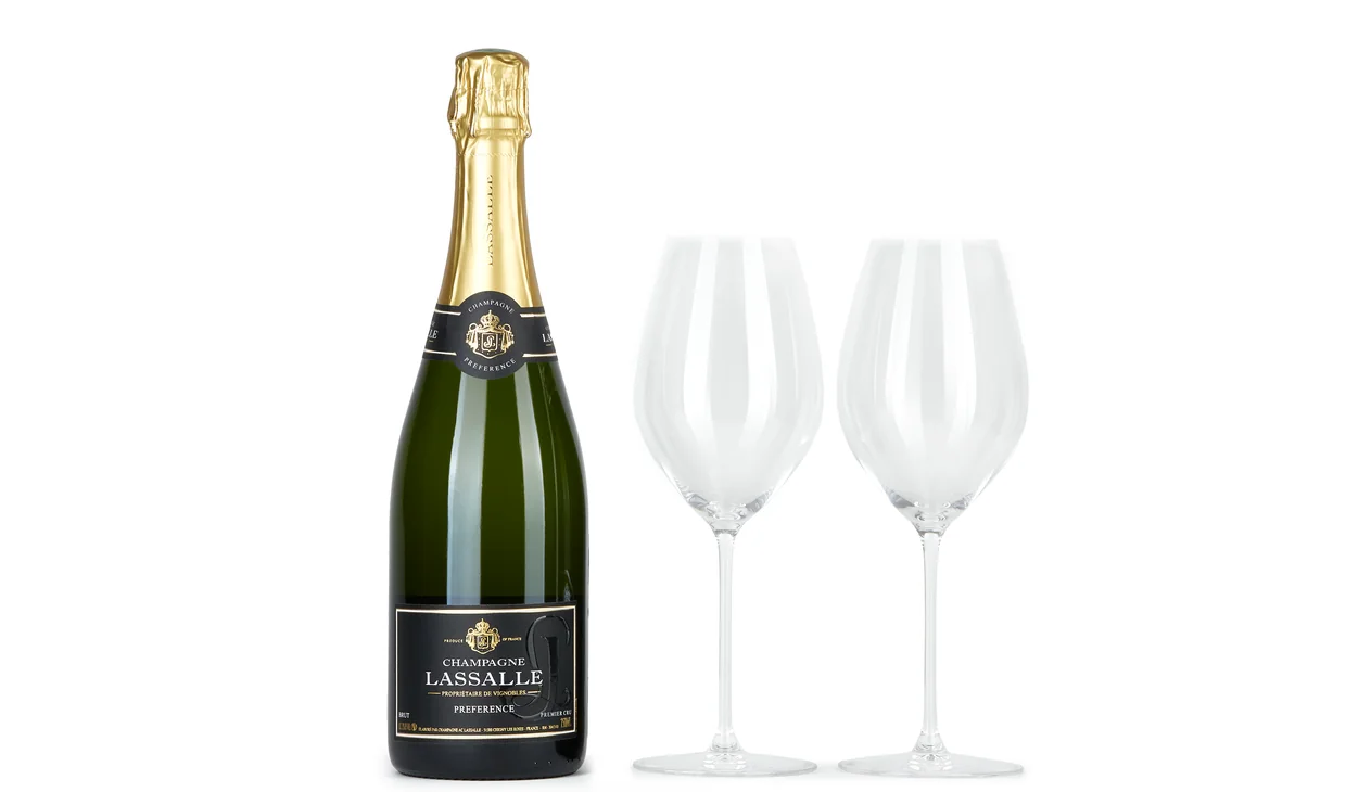 Набор вина - Шампанское + бокалы Riedel, 1 бутылка шампанского, 2 бокала под шампанское