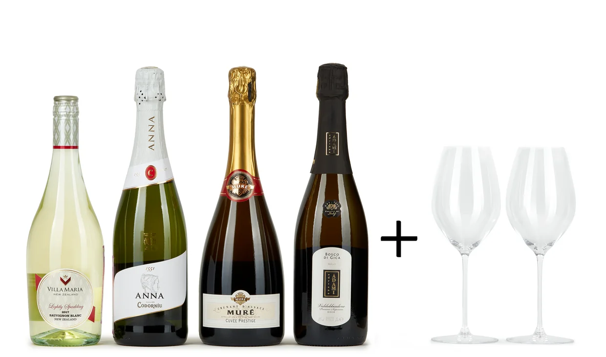 Набор вина - Образовательный игристый + бокалы Riedel, 4 бутылки игристого, 2 бокала под игристое