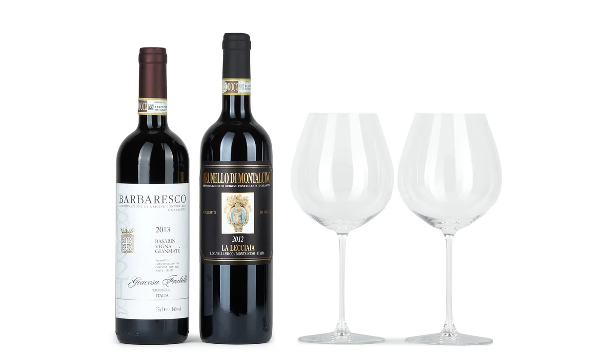 Набор вина - Гранд Италия + бокалы Riedel, 2 бутылки красного, 2 бокала по 705 мл