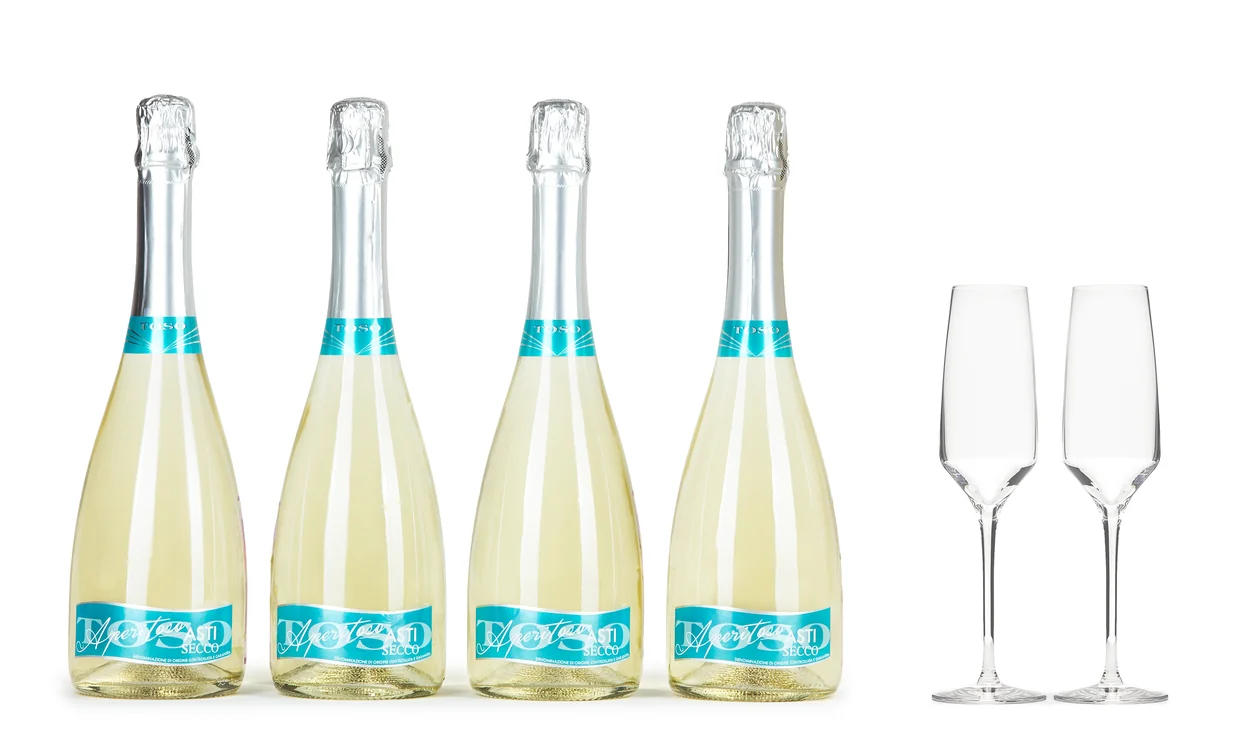 Набор вина - Toso Asti Secco + бокалы, 4 бутылки игристого, 2 бокала под игристое
