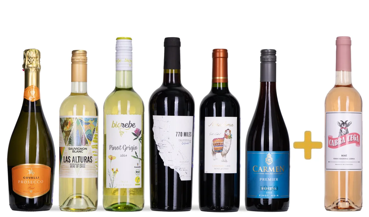 Набор вина - Призовая игра, 3 бутылки красного, 2 бутылки белого, по бутылке розового и игристого