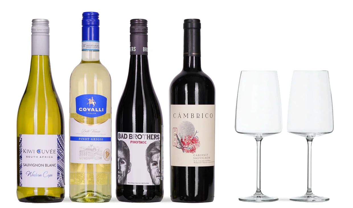 Набор вина - Пей, учись, люби, 2 бутылки белого, 2 бутылки красного и пара бокалов